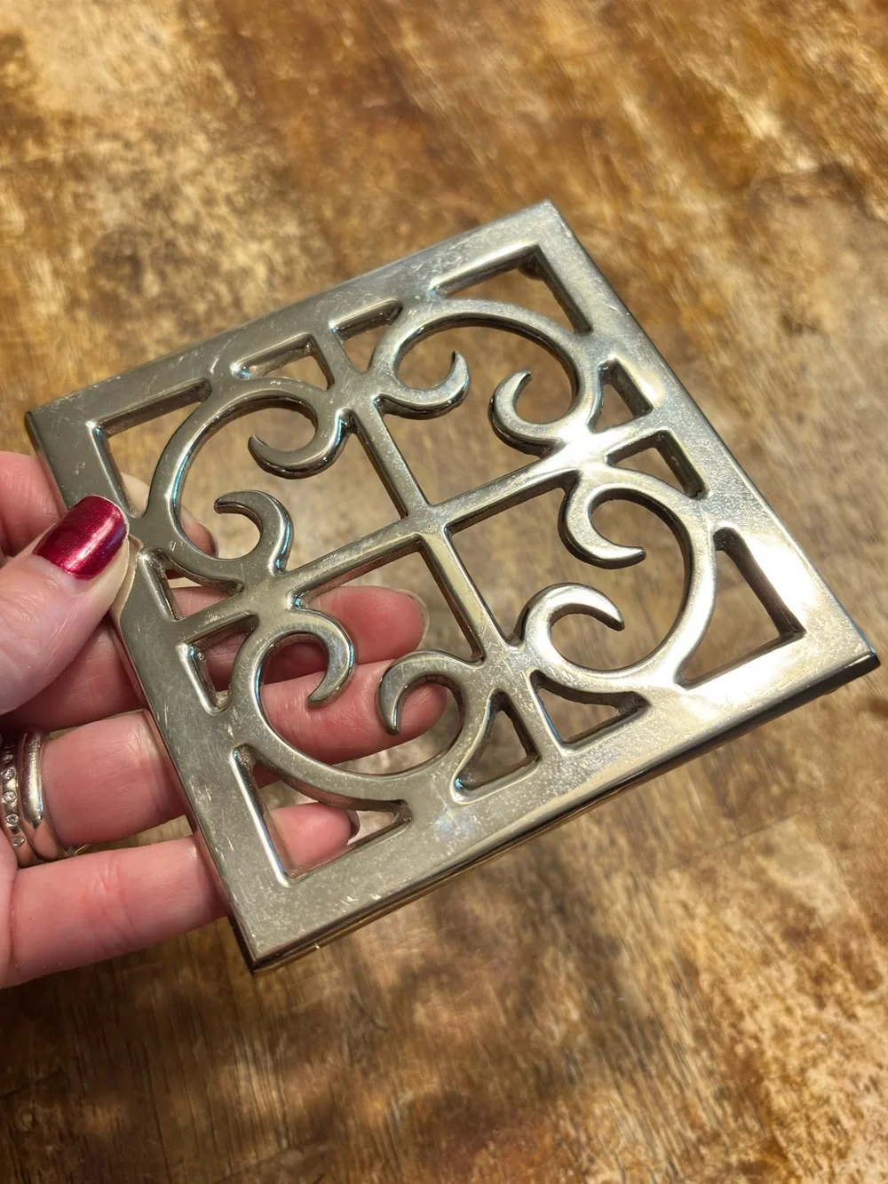 Vintage Silver Tone Metal Trivet Ornate Scrollwork Footed 4.25” Square